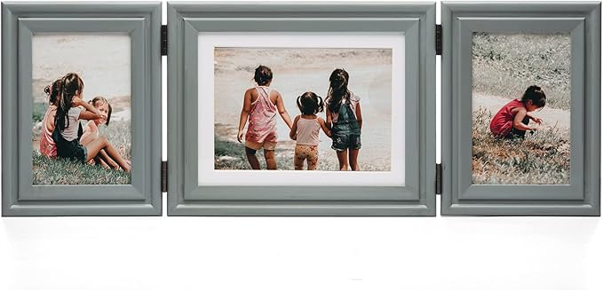 3 Vertical Horizontal 4X6 and 5X7 Picture Frames Hinged Wood Folding Photo Frames with Real Glass Front Fit for Desktop or Tabletop, Gray XHUI-V46H75V46
