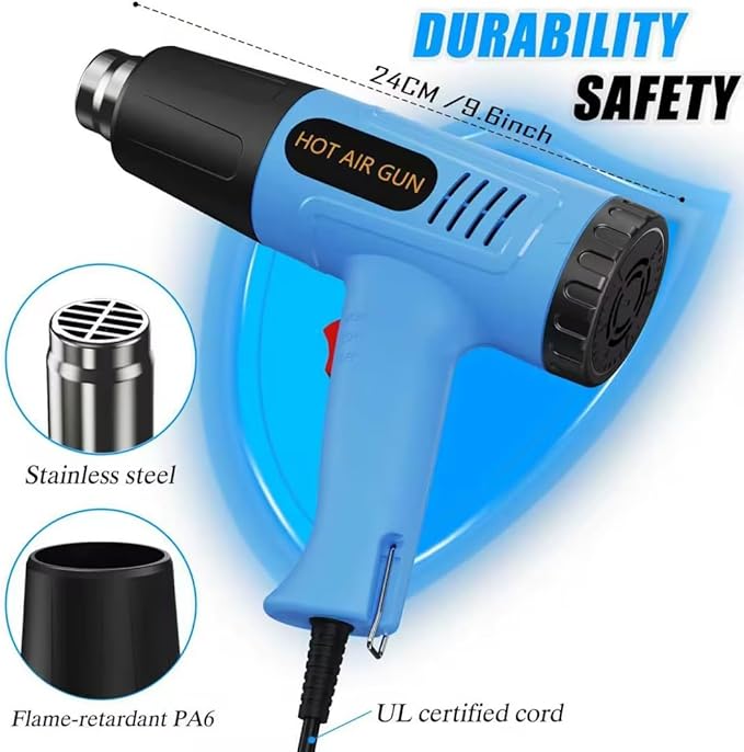 Heat Gun Kit 572 & 1112℉ Variable Temperature Control 4 Nozzles Heavy Duty Fast Heating Hot Air Gun Overload Protection, For Crafting, Shrink Tubing, Vinyl Wrap, Shrink Wrap,5Ft Power Cord