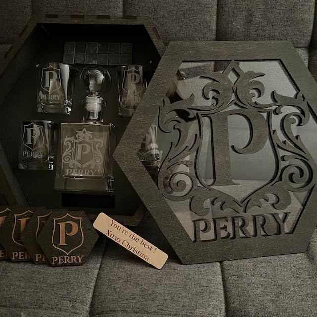 Personalized Whiskey Decanter Set for Men Dad Custom Liquor Decanters Wooden Box Whiskey Glasses Father's Day Gift for Grandpa Birthday Anniversary Christmas