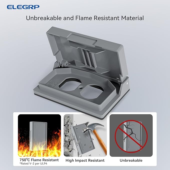 ELEGRP Horizontal Outdoor Cover for Duplex Receptacles, Weatherproof Wall Plate, Outdoor Electrical Outlet Cover, Standard Size 1-Gang 4.77” x 2.97”, Thermoplastic, 6 Pack, Grey