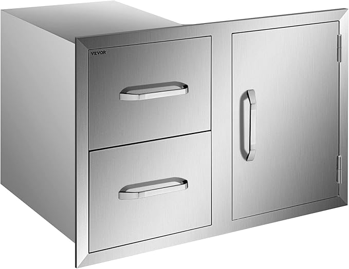 VEVOR Outdoor Kitchen Door Drawer Combo, 32.5" W x 21.6" H x 20.5" D, Access Door/Double Drawers with Paper Towel Rack, Stainless Steel Handles for BBQ Islands