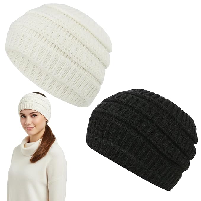 2-Pack Winter Headbands with Plush Fleece Lining, Fleece Ear Warmer Headbands for Women, Black and White Yarn Head Warmers for Outdoor Activities ﻿