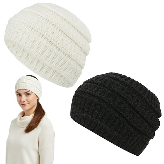 2-Pack Winter Headbands with Plush Fleece Lining, Fleece Ear Warmer Headbands for Women, Black and White Yarn Head Warmers for Outdoor Activities ﻿