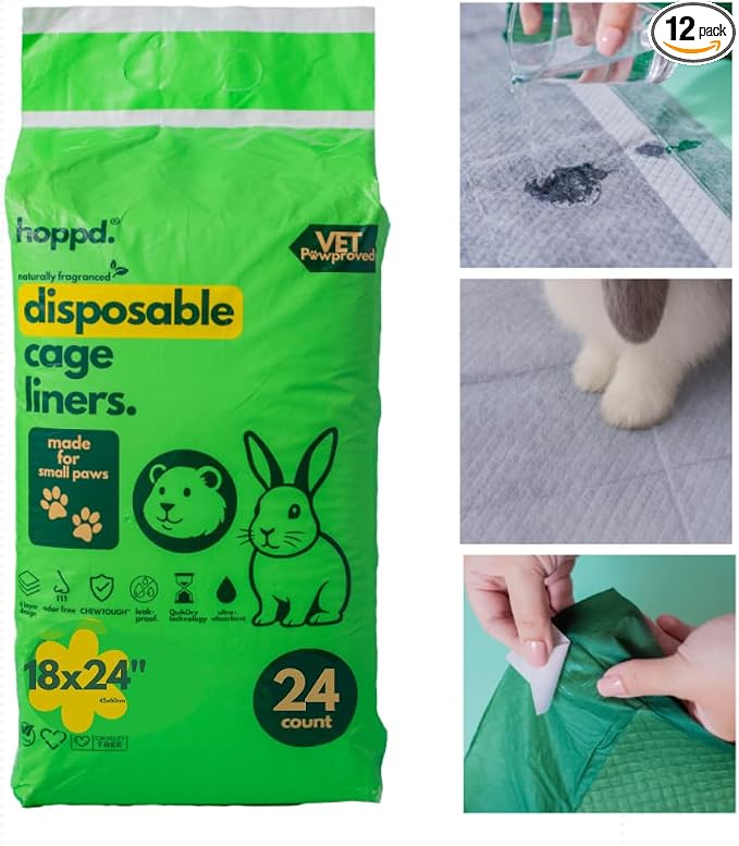 Hopp'd™ Disposable Cage Liners for Guinea Pigs, Rabbits, Ferrets & Small Pets - Ultra Absorbent Bunny Pee Pads with Bamboo Odor Control; Guinea Pig Bedding (18" x 24" Small Essential) | 24 Count