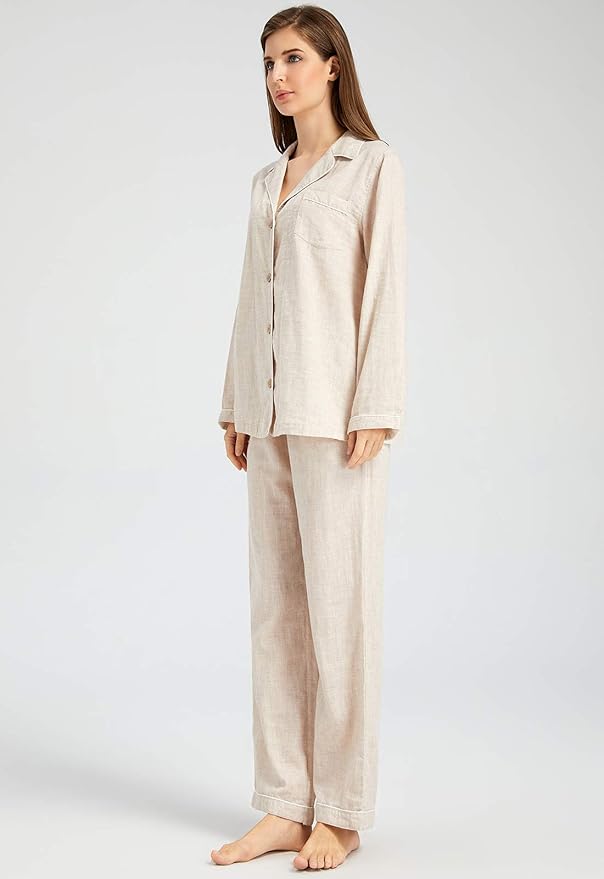 Womens Pajama Sets 100% Double Gauze Cotton Linen Like Muslin Pajamas Long Sleeve Button Down Sleepwear Soft Pjs Lounge Set