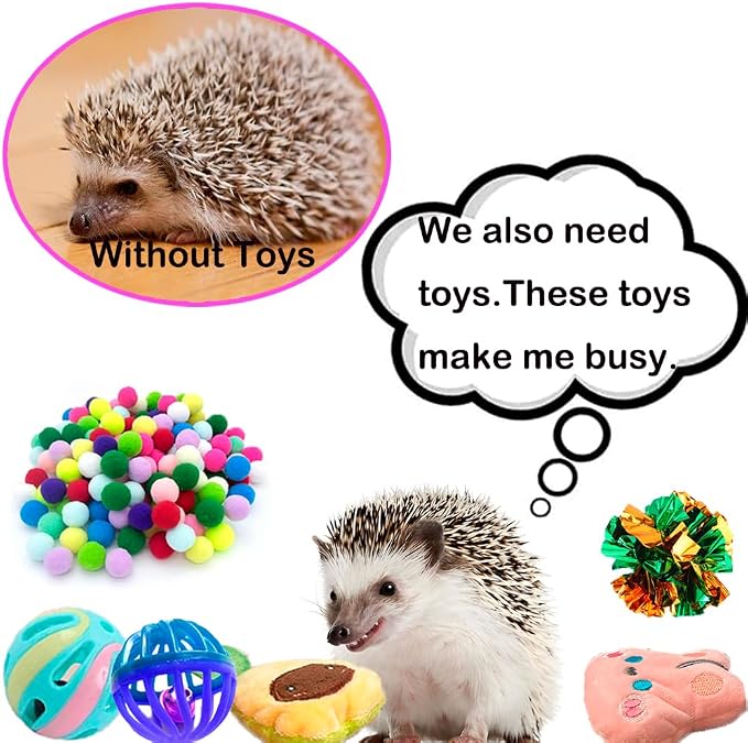 Hedgehog Accessories Dig Box Cage Set with Ball Toy, Cozy Bed, 100 Colorful Cotton Balls, Cute Hedgehog Enrichment Toys Hedgehog Supplies Ball Bell
