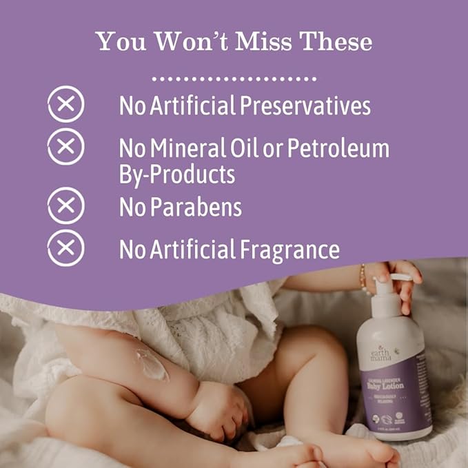 Earth Mama Calming Lavender Baby Lotion for Dry Skin, Calendula Cream for Newborn Skin Care, Organic Moisturizer for Children, Aloe Juice, Rooibos, & Shea Butter, Lavender Lotion, 8 Fl Oz (2Pk)