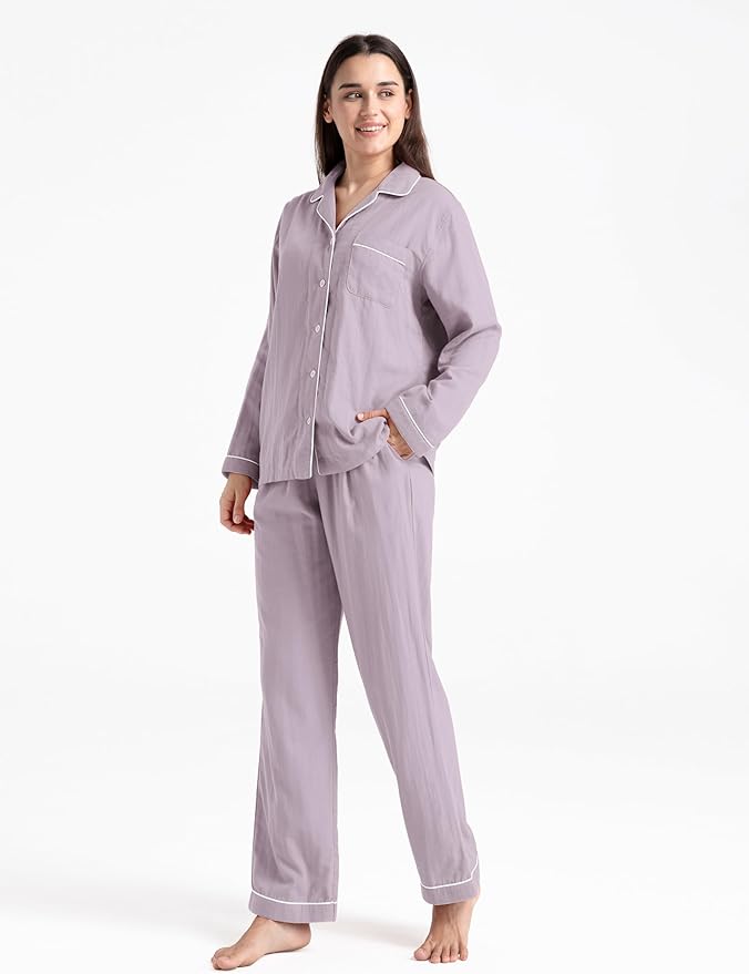 Womens Pajama Sets 100% Double Gauze Cotton Linen Like Muslin Pajamas Long Sleeve Button Down Sleepwear Soft Pjs Lounge Set