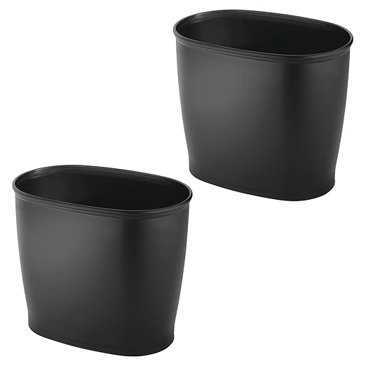 iDesign Small Oval Plastic Bathroom Trash Set of 2-Matte Black Waste Can