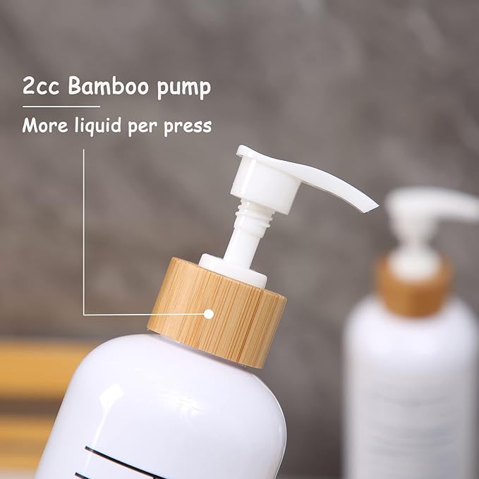 HOMCDALY Shampoo and Conditioner Dispenser, 16oz 3-Pack Refillable Shampoo and Conditioner Bottles, Empty Shampoo Bottles Refillable with Bamboo Pump, Bathroom Shower Shampoo Dispenser Set
