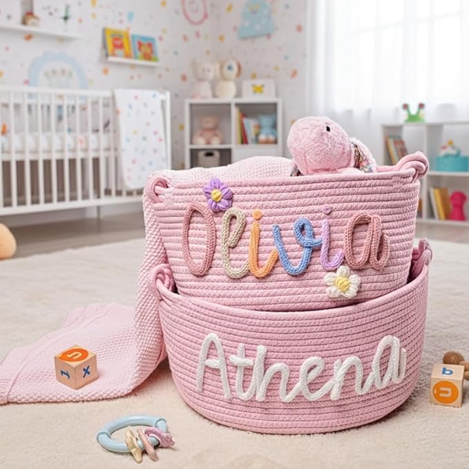 Personalized Baby Shower Basket with Name - Custom Christmas Gift Basket - Newborn Baby Gift Basket, Children's Toy Storage Box, Rope Cotton Bag, Nursery Storage, Small Diaper Caddy Organizer
