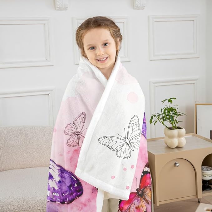 Feelyou Girls Fleece Throw Blanket Queen 90"x90" Kids Watercolor Butterfly Sherpa Blanket Plush Fuzzy for Bed Couch Chair Living Room, Pink Purple Bed Blanket Room Decor