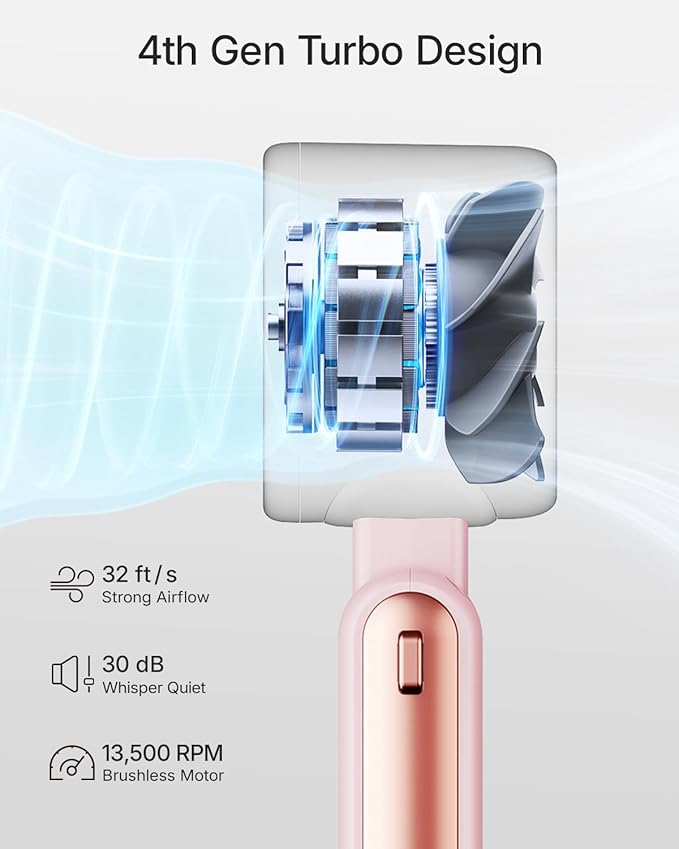 Portable Handheld Turbo Fan - 5 Gear High Speed 4000mAh Rechargeable Mini Personal Hand Fan Blow Cold Air, Battery Operated Travel Essentials, Beach Vacation, Gifts for Women, Men (Pink)