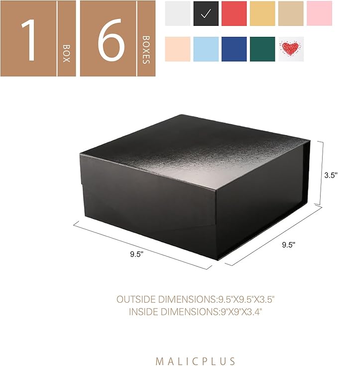6 Gift Boxes with Lids 9x9x3.4 Inches, Black Groomsmen Proposal Boxes with Magnetic Closure for All Occasion (Grass Texture Black)