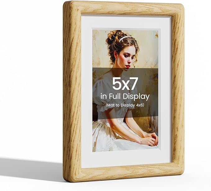 5x7 Picture Frame Natural Oak Wood From California-USA with Real Tempered Glass, Handcrafted 5 x 7 Photo Frame Matted to 4x6 Wedding Photo,Family Picture,Graduation Picture Display on Table & Wall