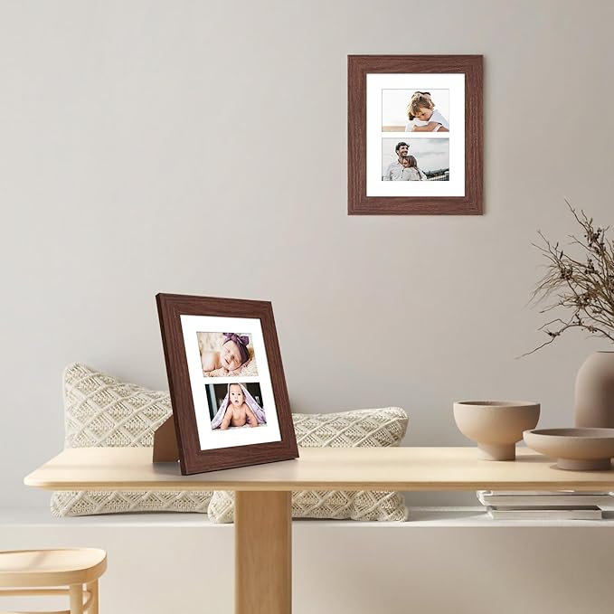 8x10 Picture Frame Display Double 4X6 Picture Frame Collage,Multi Photo Frame with Mat,Plexiglass,Wall or Tabletop Decor,Walnut Wood Grain