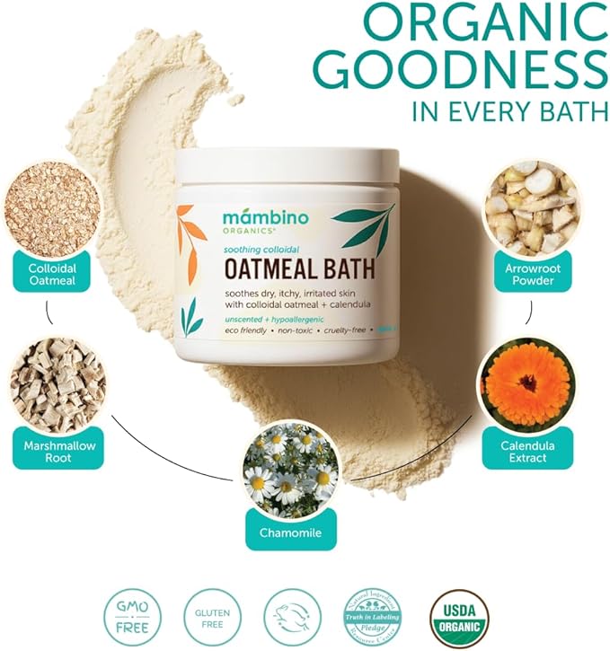 Mambino Organics Soothing Colloidal Oatmeal Bath Soak Powder, for Newborn, Kids, Moms with Dry, Sensitive Skin, Unscented Baby Wash with Calendula for Baby Bath, Vegan, Non-GMO, 6oz 3-Pack