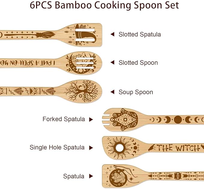 GLOBLELAND 6Pcs Magic Divination Bamboo Cooking Utensils Wooden Engraved Cooking Spoons Set Carving Kitchen Bamboo Spatula Set for Women and Men Wood Cooking Spoon for Kitchen Fun House Warming Gift
