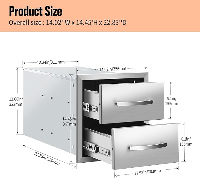 Outdoor Kitchen Drawers Stainless Steel 14W X 14.3H X 23D Inch, Flush Mount Double BBQ Island Drawers with Handle for Outdoor Kitchens, Patio or Grill Station