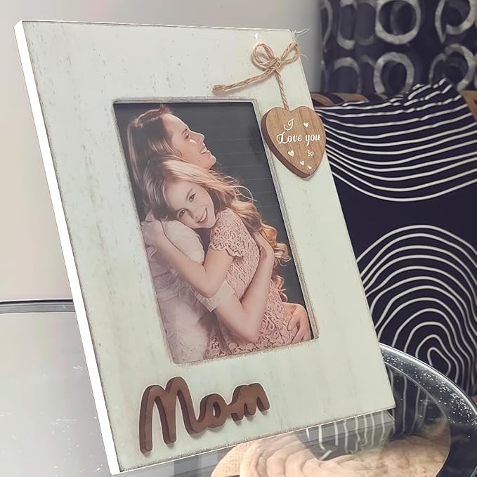 Mom Picture Frame,I Love You Mom Photo Frame with Heart,Mother's Day Gift,Gift for Mother or Stepmother from Daughter and Sun, Wooden Frame 4x6 Vertical