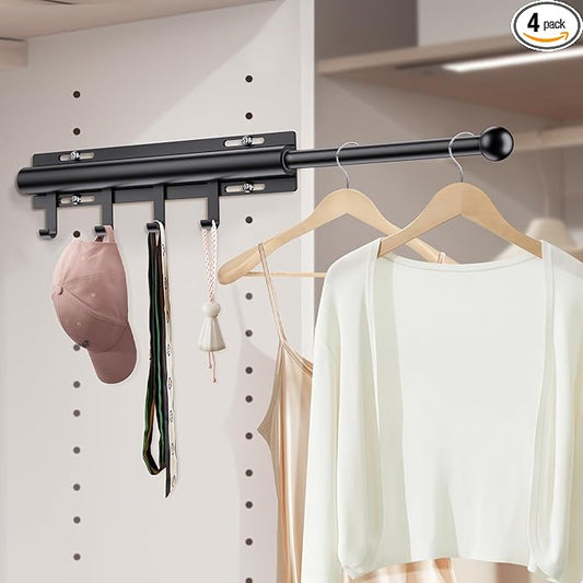 Valet Rod for Closets, 12" Valet Rod With 4 Hooks, Closet Organizer Slide Out Clothing Hanger Rods Extender Perfect for Suits,Dresses,Belt,Tie, Black