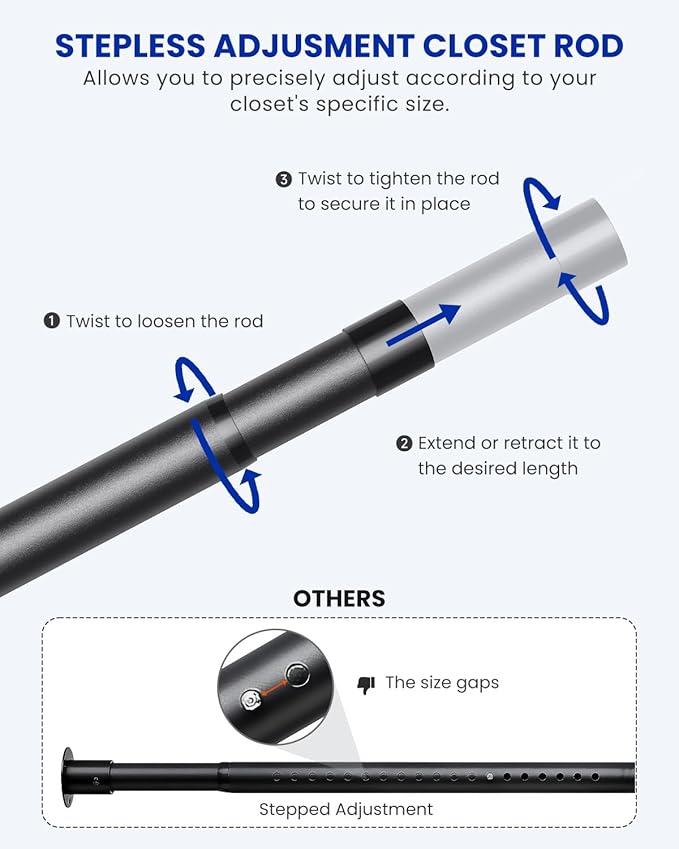 2 PACK Closet Rods for Hanging Clothes, 17 to 54 Inches Stepless Adjustable Metal Closet Rod, 1.3 Inches Heavy Duty Clothes Hanging Rod for Closet Wardrobes Laundry RV, Black