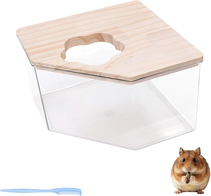 Hamster Sand Bath Box–Transparent Syrian Hamster Shower Bathtub with Comb for Small Pets, Acrylic Micro Sand Bath Box with Lid, Ideal Hamster Dig Box - Pentagon