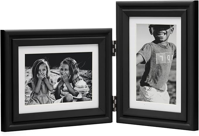 Horizontal & Vertical 5X7 Picture Frames Double Hinged Wood Folding Photo Frames with Real Glass Front Fit for Desktop or Tabletop Display Pictures 4x6 with Mat or 5x7 Without Mat, Black