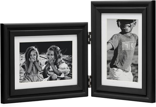Horizontal & Vertical 5X7 Picture Frames Double Hinged Wood Folding Photo Frames with Real Glass Front Fit for Desktop or Tabletop Display Pictures 4x6 with Mat or 5x7 Without Mat, Black