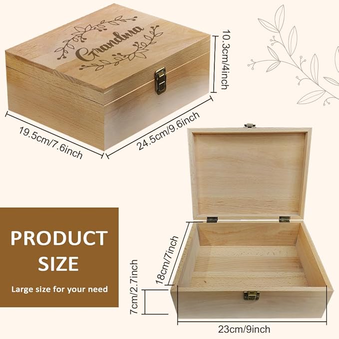 arricraft 1 Pc Wooden Memory Keepsake Box, Grandma Gifts Memory Box with Hinged Lids Keepsake Chest for Souvenirs Picture Letter Storage Birthday Gifts for Women 9.6x7.6x4inch(24.5x19.5x10.3cm)