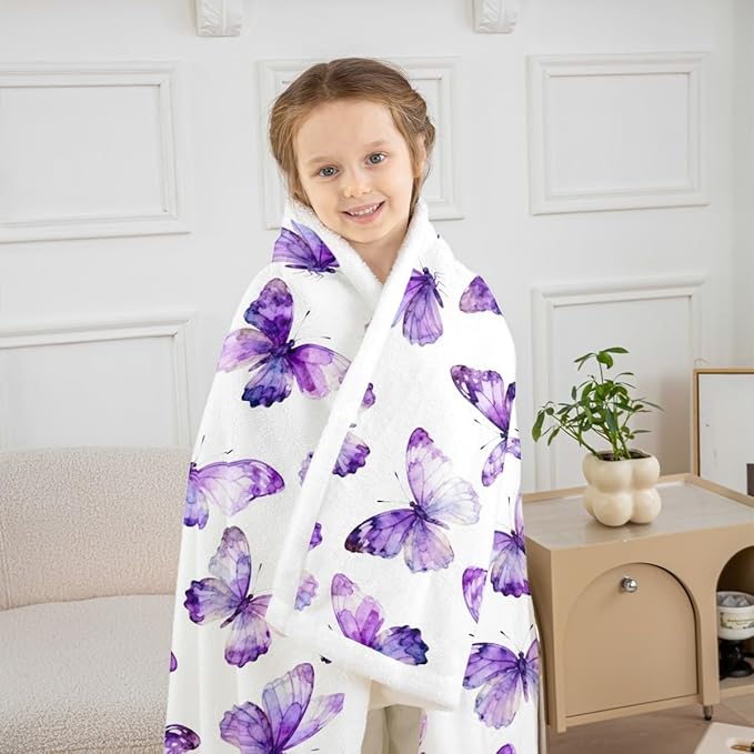 Feelyou Girls Purple Butterfly Fleece Throw Blanket Baby 30"x40" Kids Watercolor Sherpa Blanket Plush Fuzzy for Bed Couch Chair Living Room, Chic Gorgeous Bed Blanket Room Decor