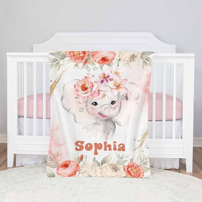 D-Story Ship Next Day, Custom Blankets Personalized Throw Blanket with Names Customized Elephant Blanket for Girls Kids Adult Birthday Gift