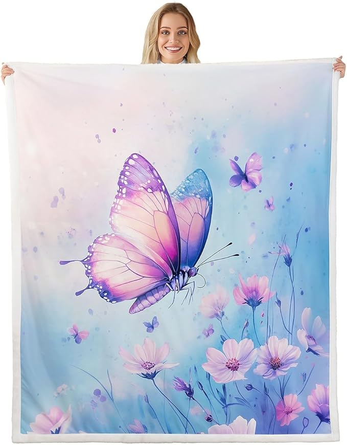 Feelyou Girls Fleece Throw Blanket 40"x50" Kids Blue Butterfly Sherpa Blanket Plush Fuzzy for Bed Couch Chair Living Room, Floral Flower Bed Blanket Cute Watercolor Room Decor