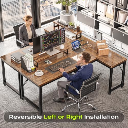 PRAISUN 53" L Shaped Computer Desk, Outlets, Monitor Stand, Rustic Brown