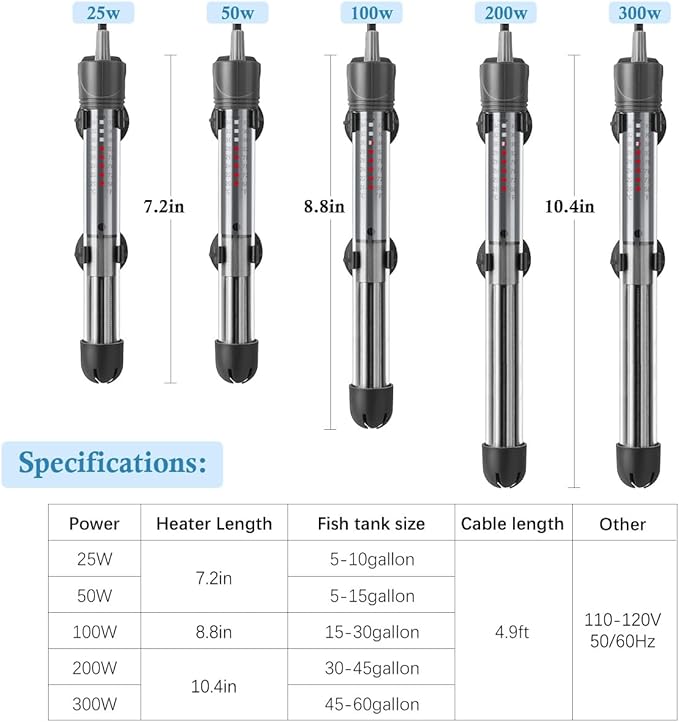 HITOP 100W 200W 300W Adjustable Aquarium Heater, Submersible Fish Tank Heater Thermostat with Suction Cup
