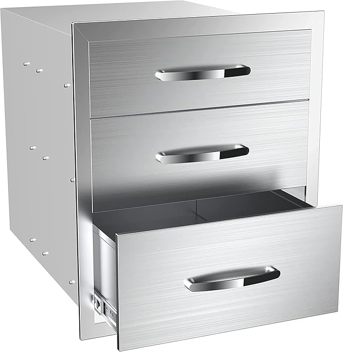 Outdoor Kitchen Drawers Stainless Steel 14W X 21H X 23D Inch, Flush Mount Triple BBQ Island Drawers with Handle for Outdoor Kitchens, Patio or Grill Station