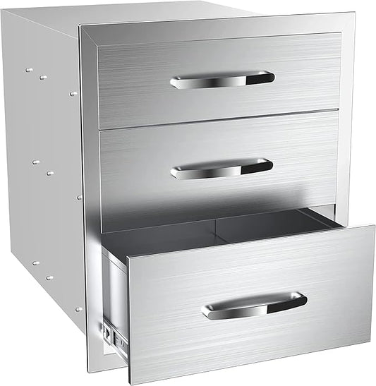 Outdoor Kitchen Drawers Stainless Steel 14W X 21H X 23D Inch, Flush Mount Triple BBQ Island Drawers with Handle for Outdoor Kitchens, Patio or Grill Station