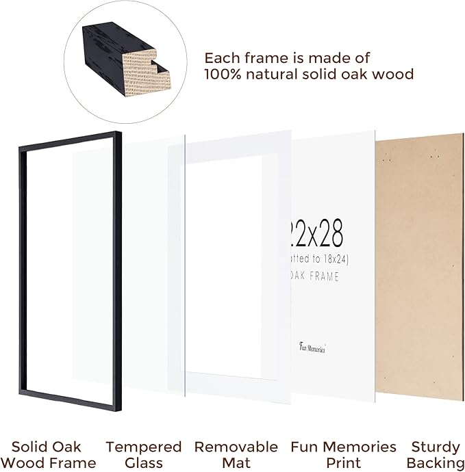 Fun Memories 22x28 Picture Frame Black 2 Pack, 22"x28" Oak Wood Frames for Wall, Rustic Poster Frames 22 x 28, 22x28 Matted Frame to 18x24, Tempered Real Glass, 22 by 28 Art Frame