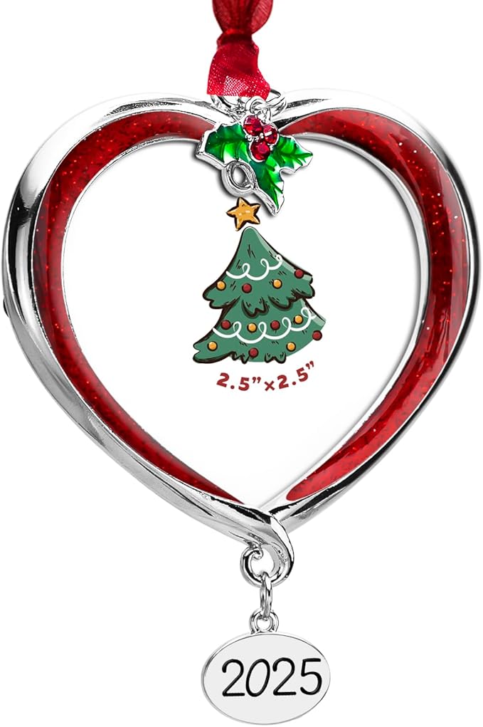 Christmas Tree Ornament Picture Frame Metal Hanging Pendant Holiday 2.5" Photo Frame Charm Decorative of Pets, Baby First Christmas, Family (2025 Red)