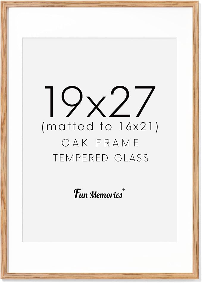 Fun Memories 19x27 Picture Frame, Solid Oak Wood, Tempered Real Glass, Matted to 16x21, Natural Oak Color, 1 Pack