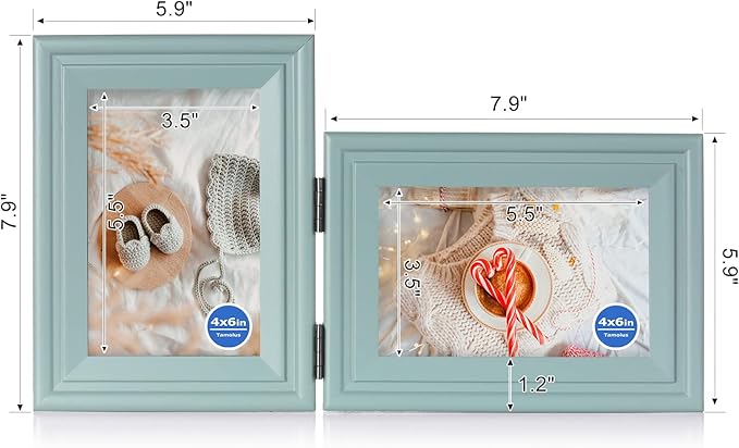 4x6 Double Hinged Picture Frame Folding Photo Frame Vertical and Horizontal in Teal Blue Pine Wood with Real Glass for Tabletop X2-LAN-SH46