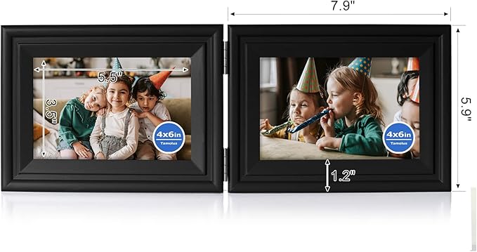 4x6 Double Horizontal Hinged Picture Frame Folding Photo Frame in Black Pine Wood with Real Glass for Tabletop X2-HEI-2H46