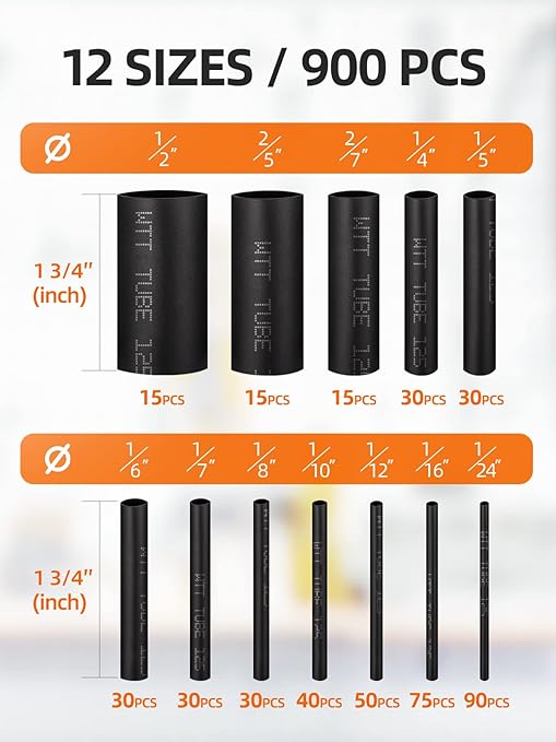900PCS Wire Heat Shrink Tubing Kit, Industrial Heat-Shrink Tubing for Wires, 2:1 Marine Grade Heat Shrink Wrap, Premium Large Electrical Waterproof Heat Shrink Tape (Black 12 Sizes)