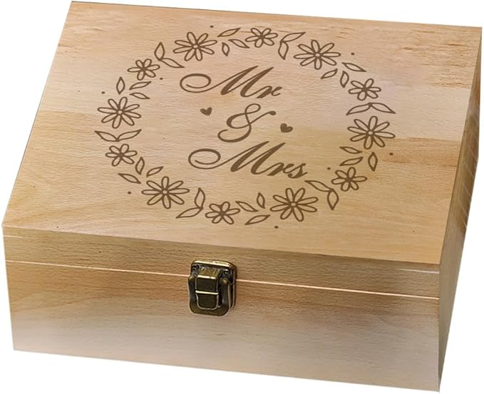 arricraft 1 Pc Wooden Memory Keepsake Box, Bridal Shower Gifts Memory Box with Hinged Lids Wedding Engagement Couples Gifts Keepsake Chest for Souvenirs Picture Letter Storage 9.6x7.6x4inch