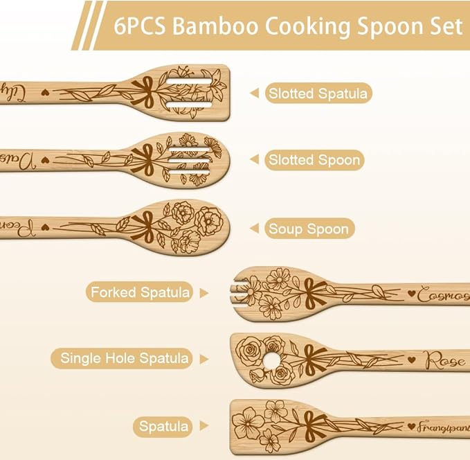 GLOBLELAND 6Pcs Bouquet Bamboo Cooking Utensils Wooden Lilies Roses Daisies Cosmos Engraved Cooking Spoons Spatula Set for Women and Men Wood Cooking Spoon for Kitchen House Warming Gift