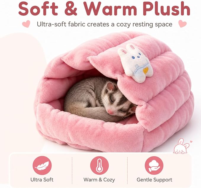 Meow&Woof Small Animal Beds, 2 Pack Hamster Hideout, Washable Guinea Pig House, Cozy Hedgehog Cage Accessories, Hideaway for Sugar Glider, Chinchilla, Rat-Pink