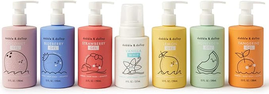 Dabble & Dollop Rainbow of Bubbles – Natural 4-in-1 Bath Set for Kids, Includes Bubble Bath, Body Wash, Shampoo, No Parabens/Sulfates, Vegan, Gluten-Free, Tear-Free (7-Pack)
