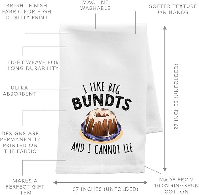 Andaz Press Funny Kitchen Towel, Flour Sack Tea Towel, I Like Big Bundts and I Cannot Lie, Birthday Housewarming Gifts for Mom, Daughter, Her, Women, Gag Gift, Kitchen Decor Hand Towel for Baker