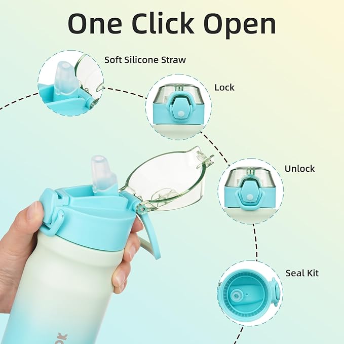 BJPKPK Water Bottle with Straw 14oz Insulated Water Bottles Reusable Stainless Steel Metal Thermal Flask with Leak Proof Lockable Lid and Carry Handle,Mint