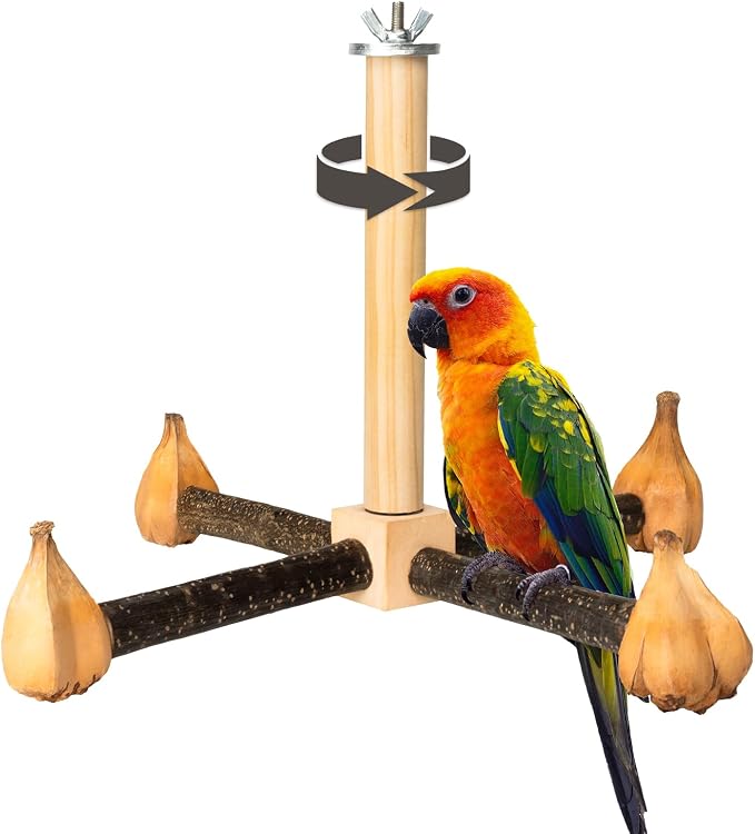 Agape Rotating Parrot Perch with Chew Toy, Wooden Stand for Small Birds | Natural Bird Cage Accessory for Parakeets, Cockatiels, Lovebirds, Conures, Budgies, Helps Reduce Boredom & Encourage Exercise